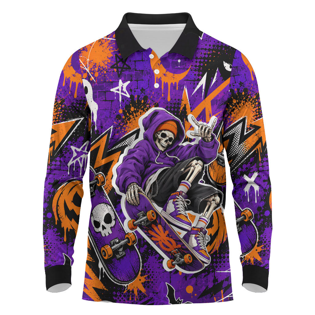 Halloween Skeleton Skateboarder Long Sleeve Polo Shirt Graffiti Ghost Pumpkin Streetwear Graphic