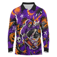 Halloween Skeleton Skateboarder Long Sleeve Polo Shirt Graffiti Ghost Pumpkin Streetwear Graphic