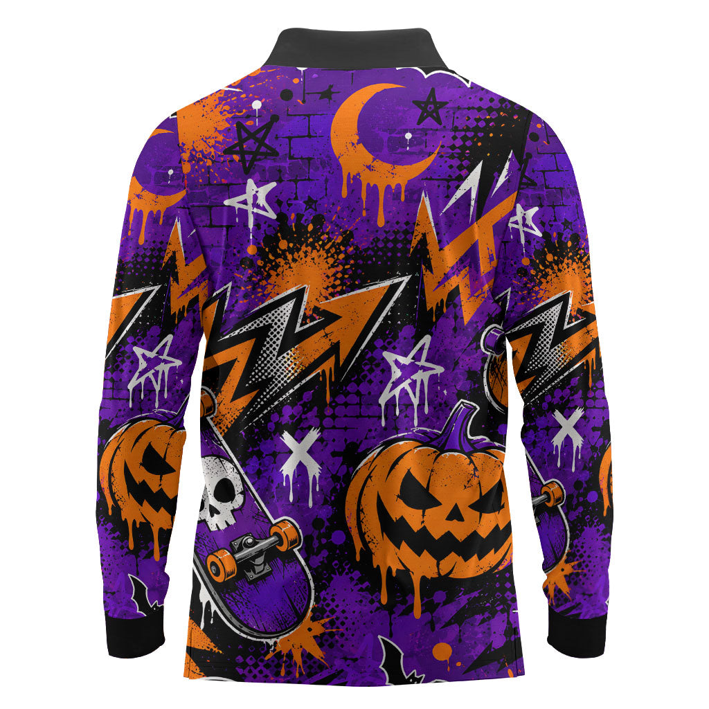 Halloween Skeleton Skateboarder Long Sleeve Polo Shirt Graffiti Ghost Pumpkin Streetwear Graphic