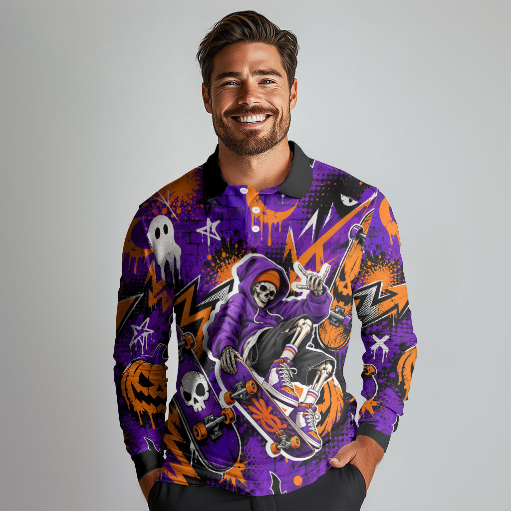 Halloween Skeleton Skateboarder Long Sleeve Polo Shirt Graffiti Ghost Pumpkin Streetwear Graphic