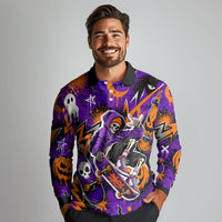 Halloween Skeleton Skateboarder Long Sleeve Polo Shirt Graffiti Ghost Pumpkin Streetwear Graphic