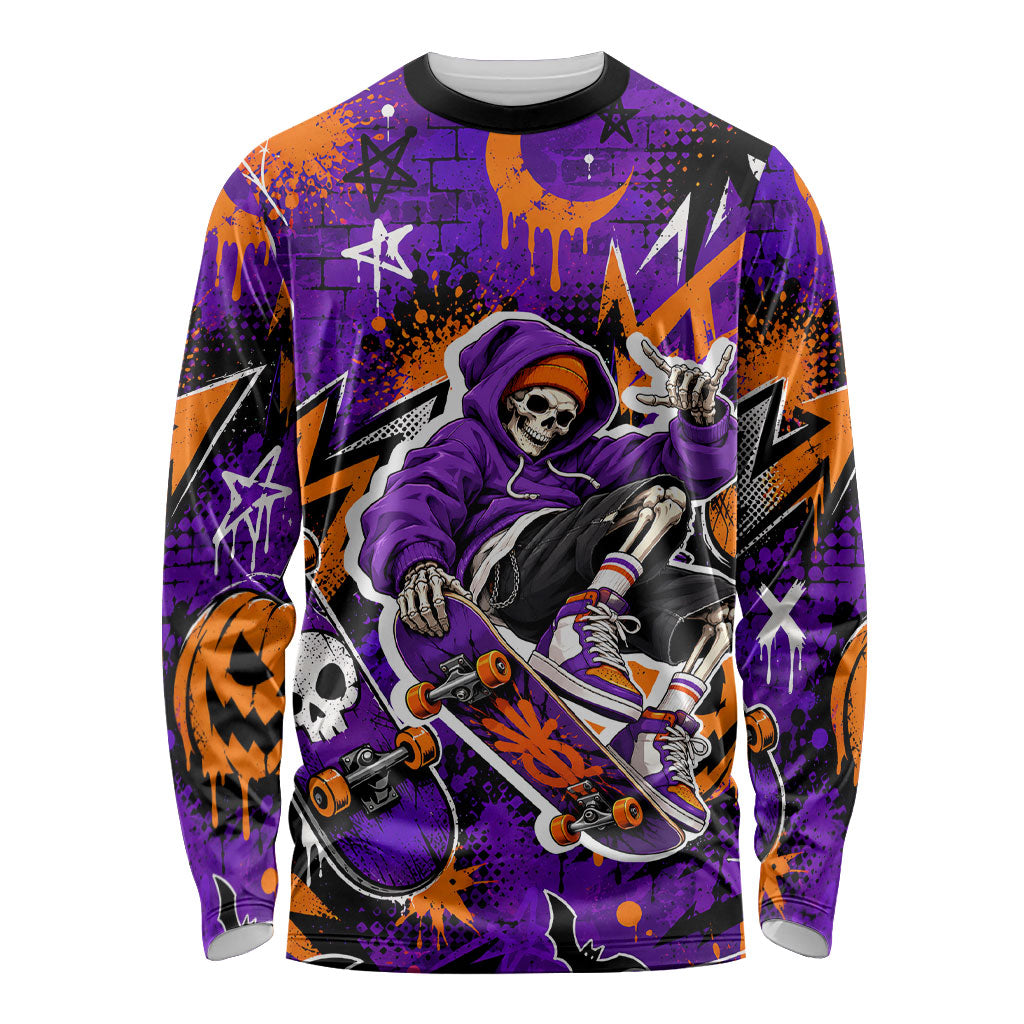 Halloween Skeleton Skateboarder Long Sleeve Shirt Graffiti Ghost Pumpkin Streetwear Graphic