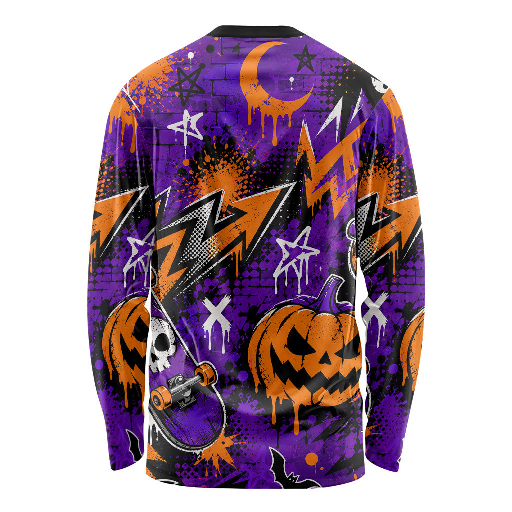 Halloween Skeleton Skateboarder Long Sleeve Shirt Graffiti Ghost Pumpkin Streetwear Graphic