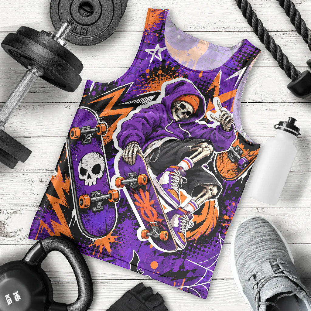Halloween Skeleton Skateboarder Men Tank Top Graffiti Ghost Pumpkin Streetwear Graphic