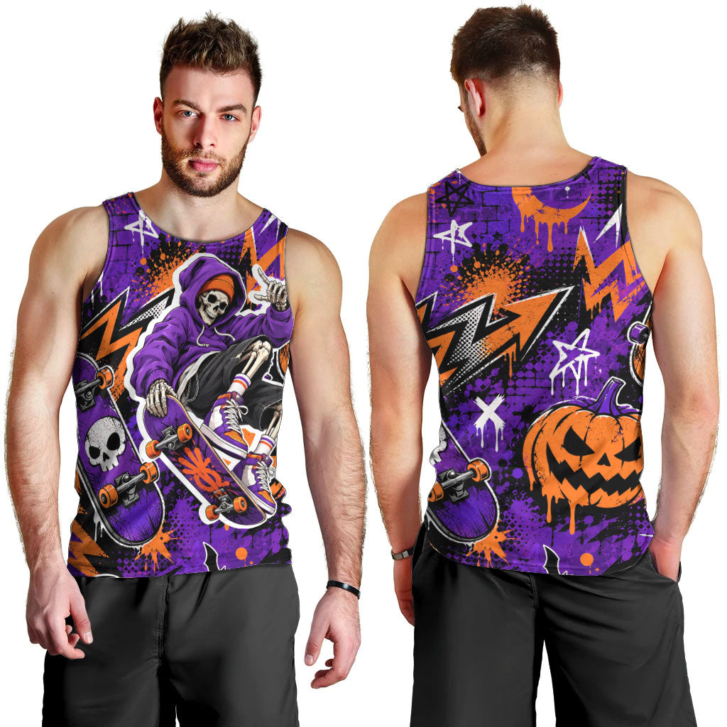 Halloween Skeleton Skateboarder Men Tank Top Graffiti Ghost Pumpkin Streetwear Graphic