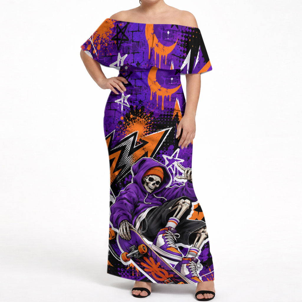 Halloween Skeleton Skateboarder Off Shoulder Maxi Dress Graffiti Ghost Pumpkin Streetwear Graphic