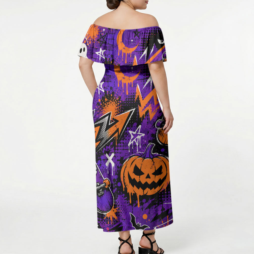 Halloween Skeleton Skateboarder Off Shoulder Maxi Dress Graffiti Ghost Pumpkin Streetwear Graphic