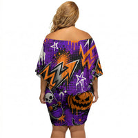 Halloween Skeleton Skateboarder Off Shoulder Short Dress Graffiti Ghost Pumpkin Streetwear Graphic