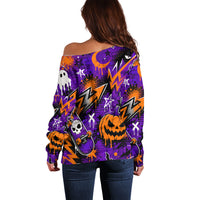 Halloween Skeleton Skateboarder Off Shoulder Sweater Graffiti Ghost Pumpkin Streetwear Graphic
