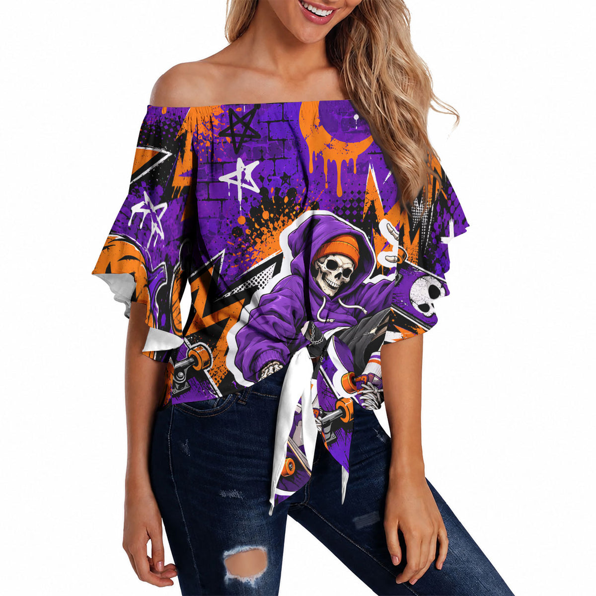 Halloween Skeleton Skateboarder Off Shoulder Wrap Waist Top Graffiti Ghost Pumpkin Streetwear Graphic