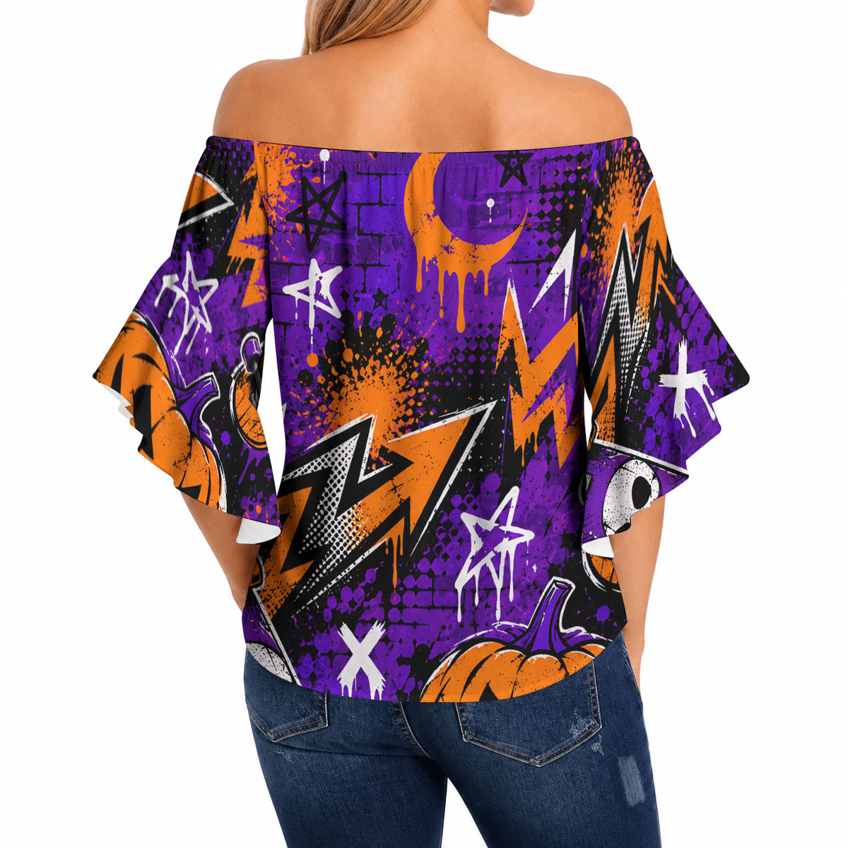 Halloween Skeleton Skateboarder Off Shoulder Wrap Waist Top Graffiti Ghost Pumpkin Streetwear Graphic