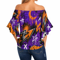 Halloween Skeleton Skateboarder Off Shoulder Wrap Waist Top Graffiti Ghost Pumpkin Streetwear Graphic