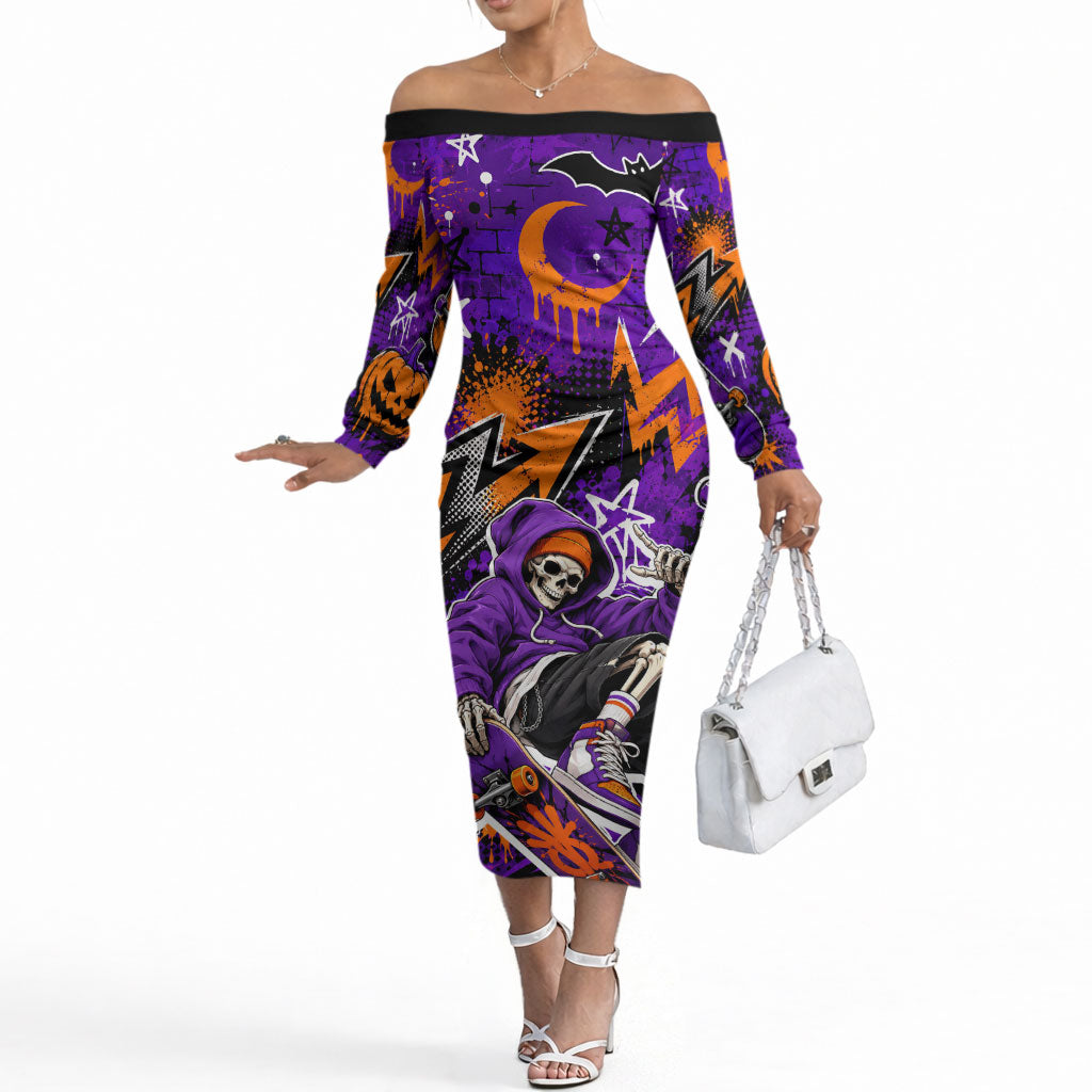 Halloween Skeleton Skateboarder Off The Shoulder Long Sleeve Dress Graffiti Ghost Pumpkin Streetwear Graphic