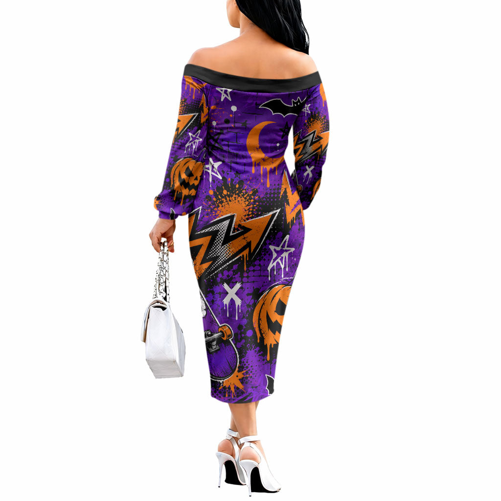 Halloween Skeleton Skateboarder Off The Shoulder Long Sleeve Dress Graffiti Ghost Pumpkin Streetwear Graphic