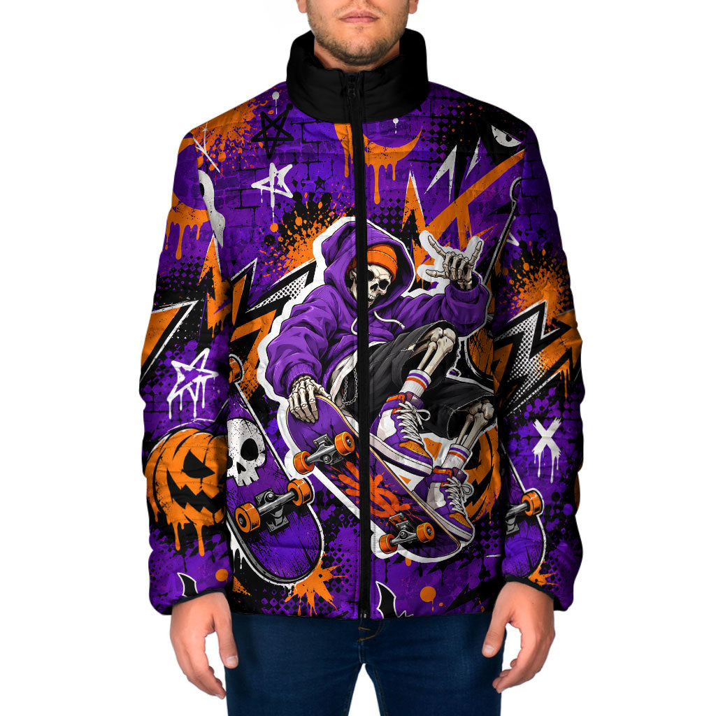 Halloween Skeleton Skateboarder Padded Jacket Graffiti Ghost Pumpkin Streetwear Graphic