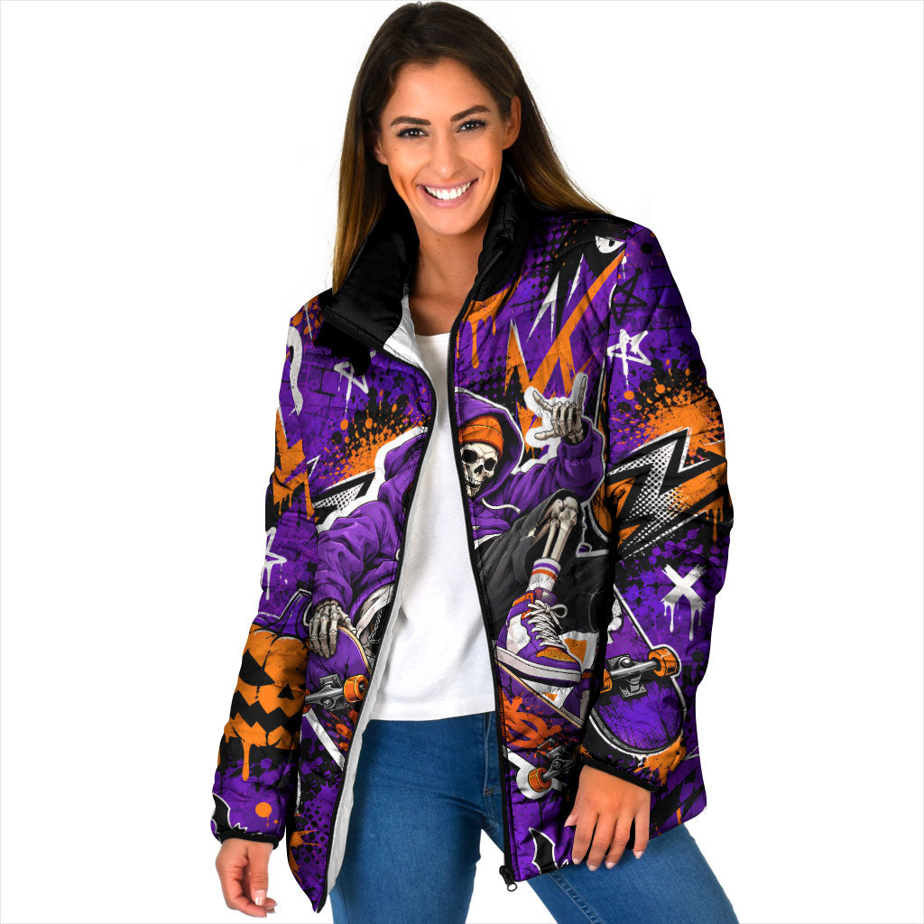 Halloween Skeleton Skateboarder Padded Jacket Graffiti Ghost Pumpkin Streetwear Graphic