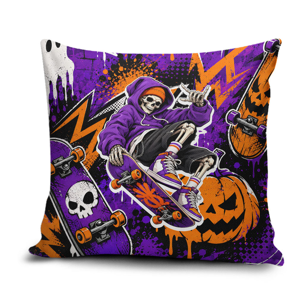 Halloween Skeleton Skateboarder Pillow Cover Graffiti Ghost Pumpkin Streetwear Graphic