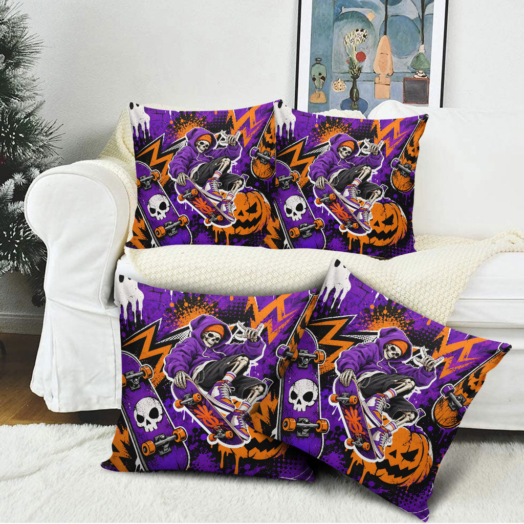 Halloween Skeleton Skateboarder Pillow Cover Graffiti Ghost Pumpkin Streetwear Graphic