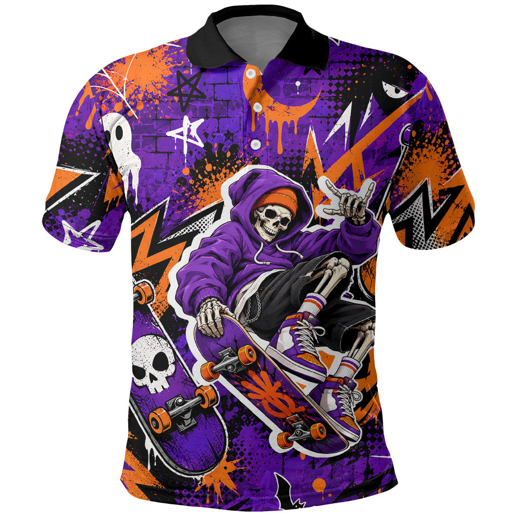Halloween Skeleton Skateboarder Polo Shirt Graffiti Ghost Pumpkin Streetwear Graphic