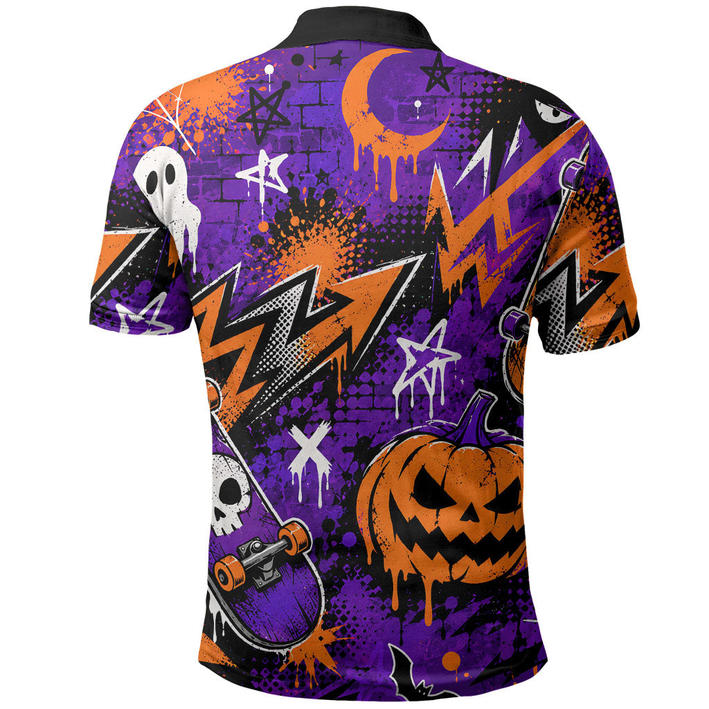 Halloween Skeleton Skateboarder Polo Shirt Graffiti Ghost Pumpkin Streetwear Graphic