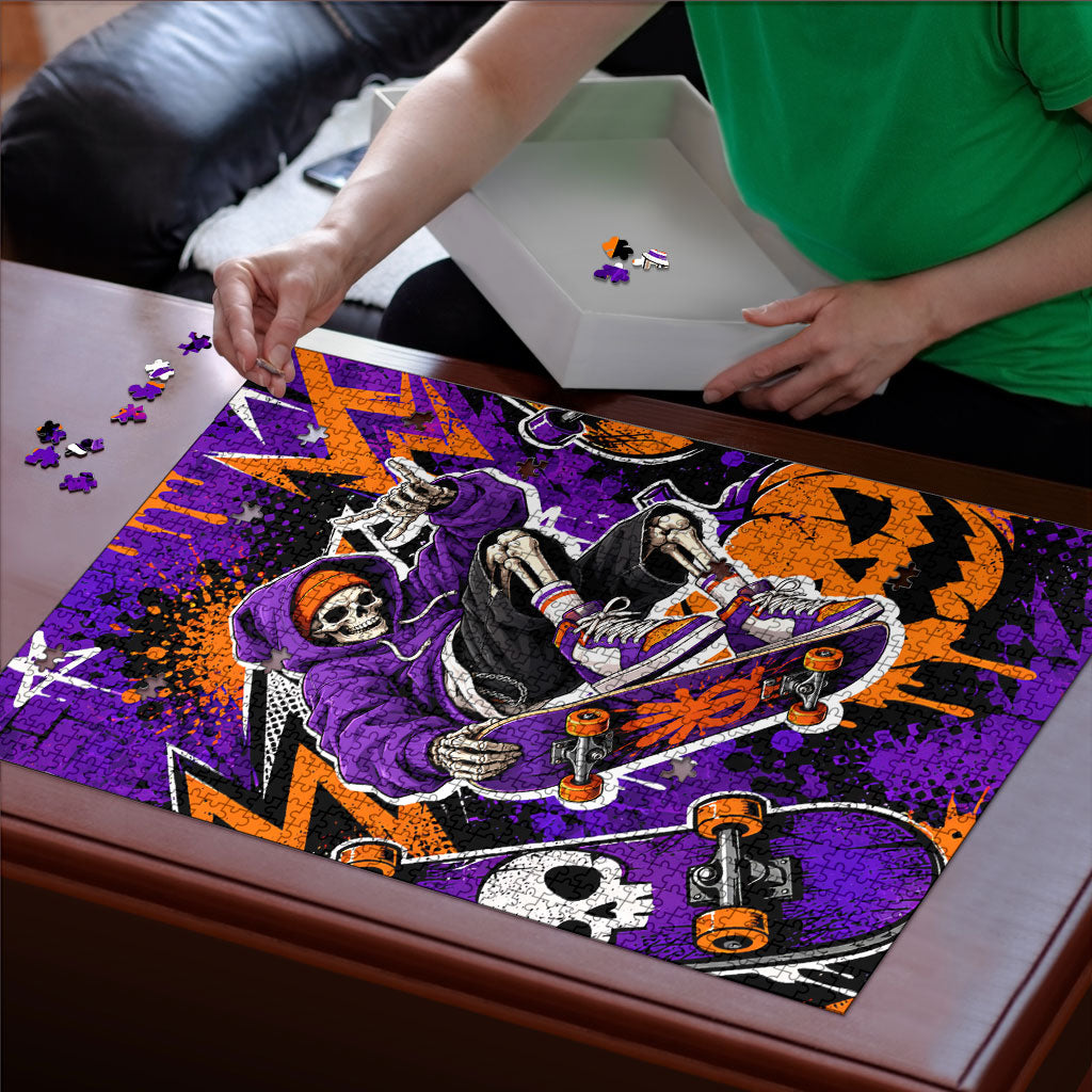 Halloween Skeleton Skateboarder Puzzle Graffiti Ghost Pumpkin Streetwear Graphic