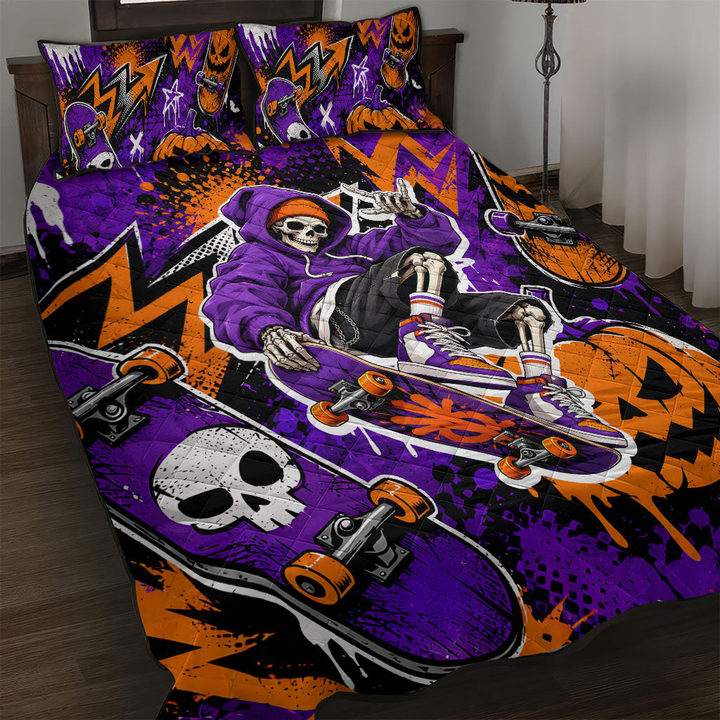 Halloween Skeleton Skateboarder Quilt Bed Set Graffiti Ghost Pumpkin Streetwear Graphic