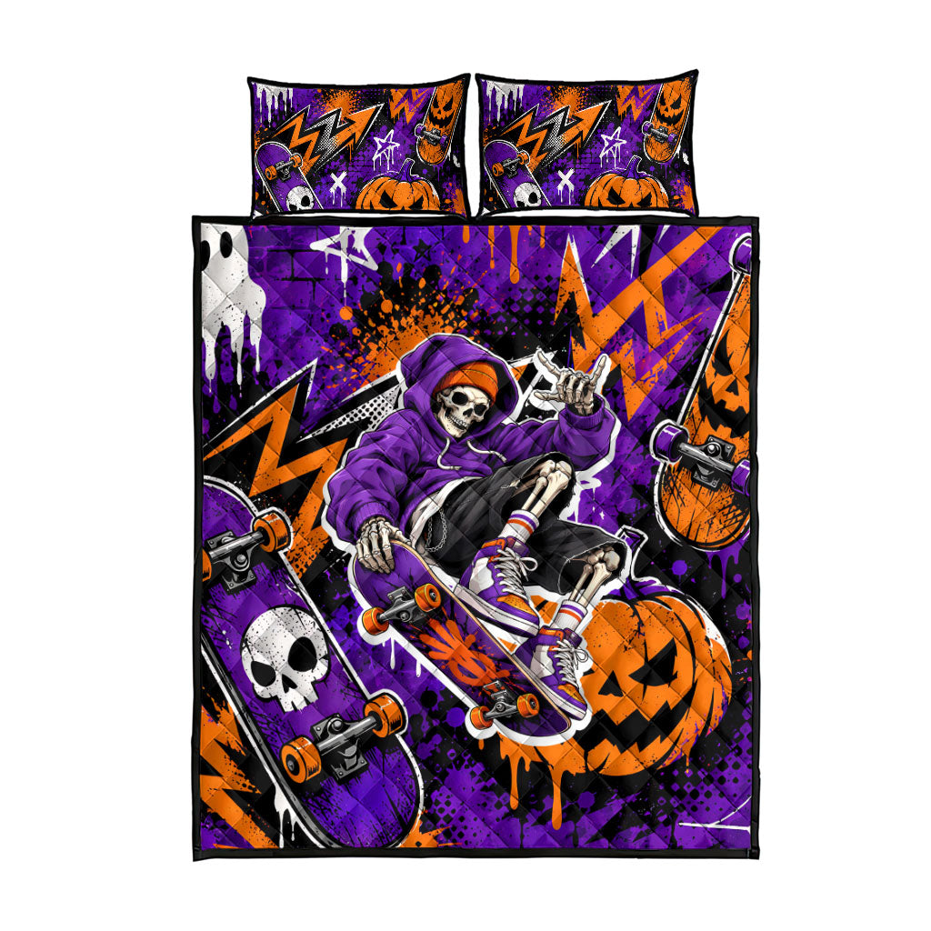 Halloween Skeleton Skateboarder Quilt Bed Set Graffiti Ghost Pumpkin Streetwear Graphic