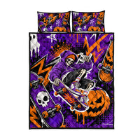 Halloween Skeleton Skateboarder Quilt Bed Set Graffiti Ghost Pumpkin Streetwear Graphic