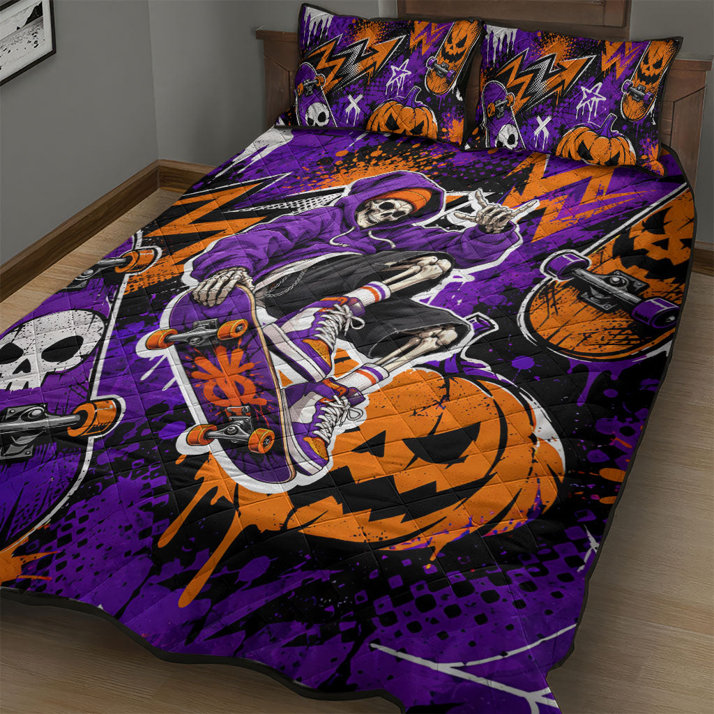 Halloween Skeleton Skateboarder Quilt Bed Set Graffiti Ghost Pumpkin Streetwear Graphic