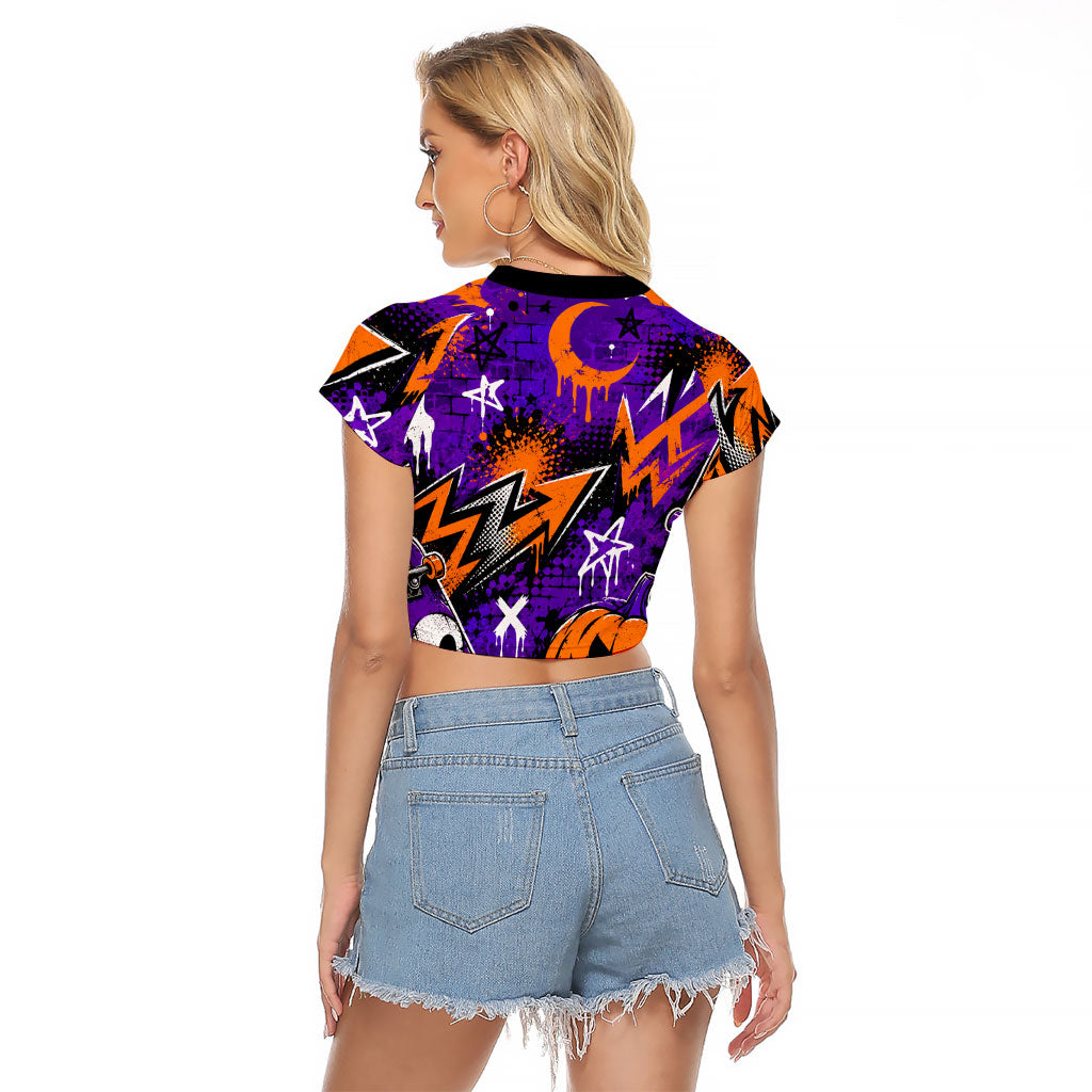 Halloween Skeleton Skateboarder Raglan Cropped T Shirt Graffiti Ghost Pumpkin Streetwear Graphic