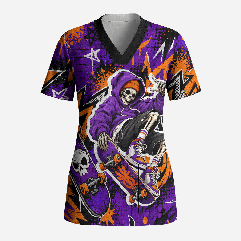 Halloween Skeleton Skateboarder Scrub Top Graffiti Ghost Pumpkin Streetwear Graphic