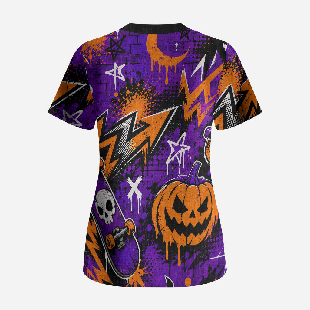 Halloween Skeleton Skateboarder Scrub Top Graffiti Ghost Pumpkin Streetwear Graphic
