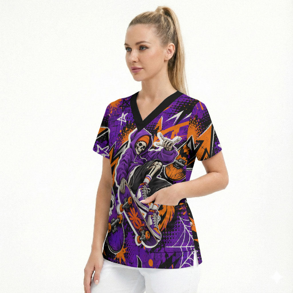 Halloween Skeleton Skateboarder Scrub Top Graffiti Ghost Pumpkin Streetwear Graphic