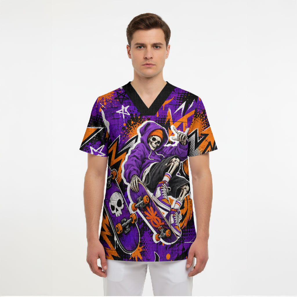Halloween Skeleton Skateboarder Scrub Top Graffiti Ghost Pumpkin Streetwear Graphic