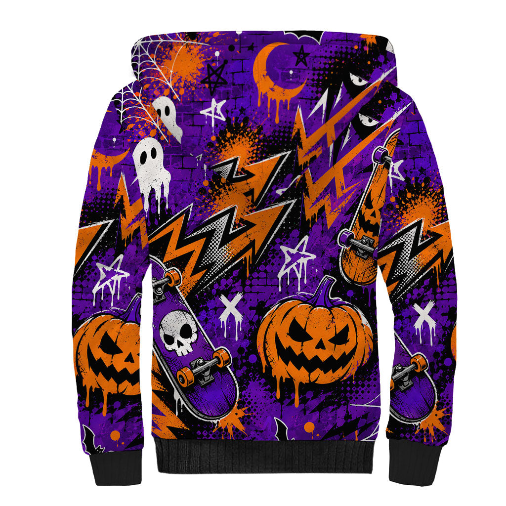 Halloween Skeleton Skateboarder Sherpa Hoodie Graffiti Ghost Pumpkin Streetwear Graphic