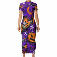 Halloween Skeleton Skateboarder Short Sleeve Bodycon Dress Graffiti Ghost Pumpkin Streetwear Graphic