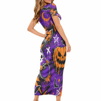 Halloween Skeleton Skateboarder Short Sleeve Bodycon Dress Graffiti Ghost Pumpkin Streetwear Graphic