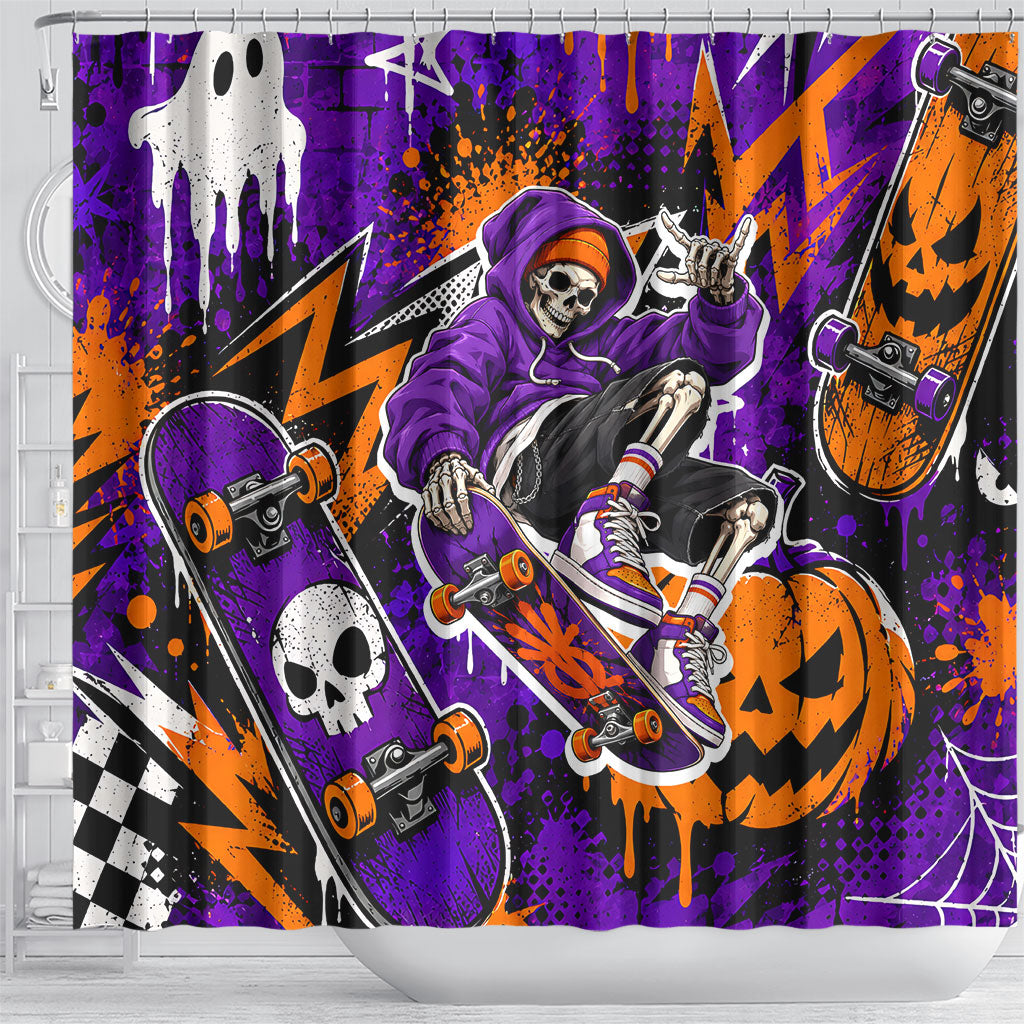 Halloween Skeleton Skateboarder Shower Curtain Graffiti Ghost Pumpkin Streetwear Graphic