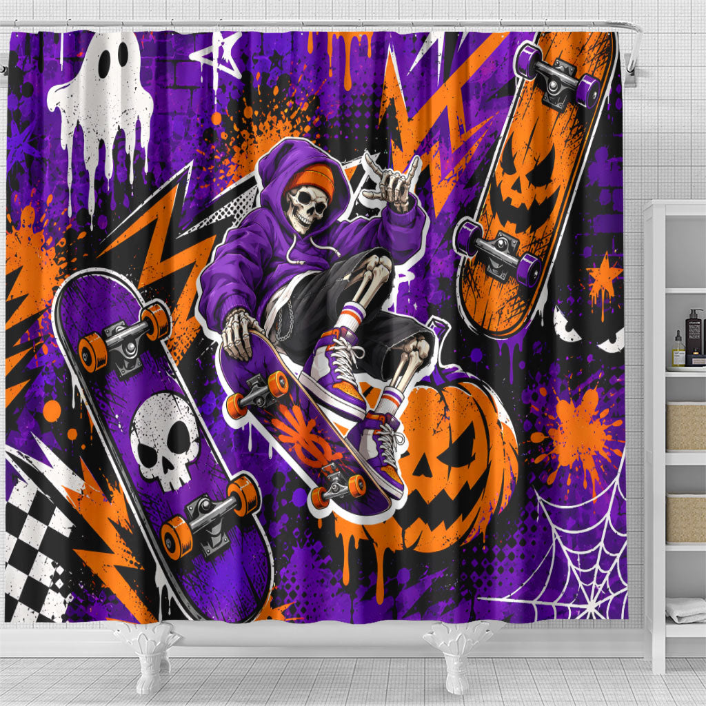 Halloween Skeleton Skateboarder Shower Curtain Graffiti Ghost Pumpkin Streetwear Graphic