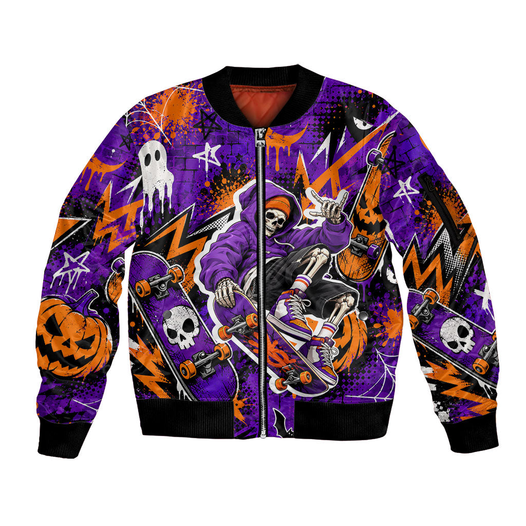 Halloween Skeleton Skateboarder Sleeve Zip Bomber Jacket Graffiti Ghost Pumpkin Streetwear Graphic