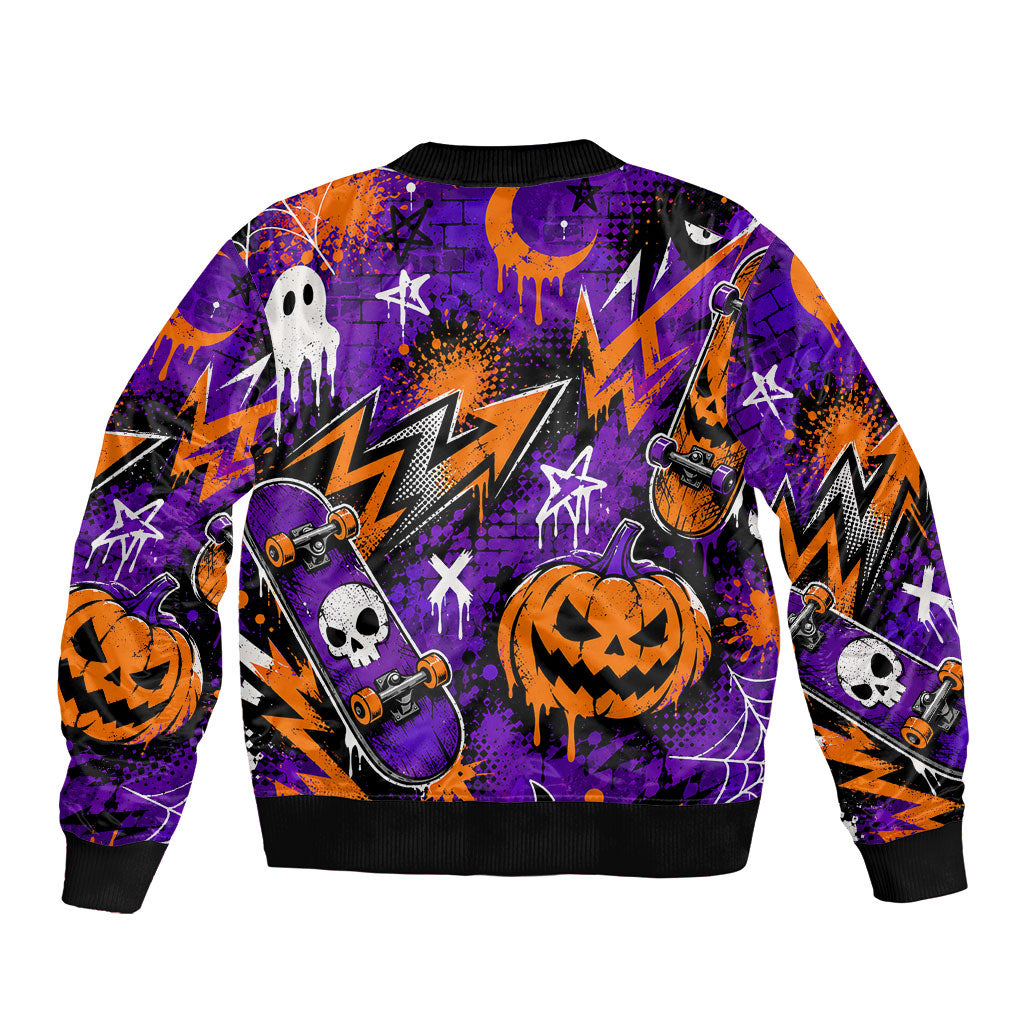 Halloween Skeleton Skateboarder Sleeve Zip Bomber Jacket Graffiti Ghost Pumpkin Streetwear Graphic