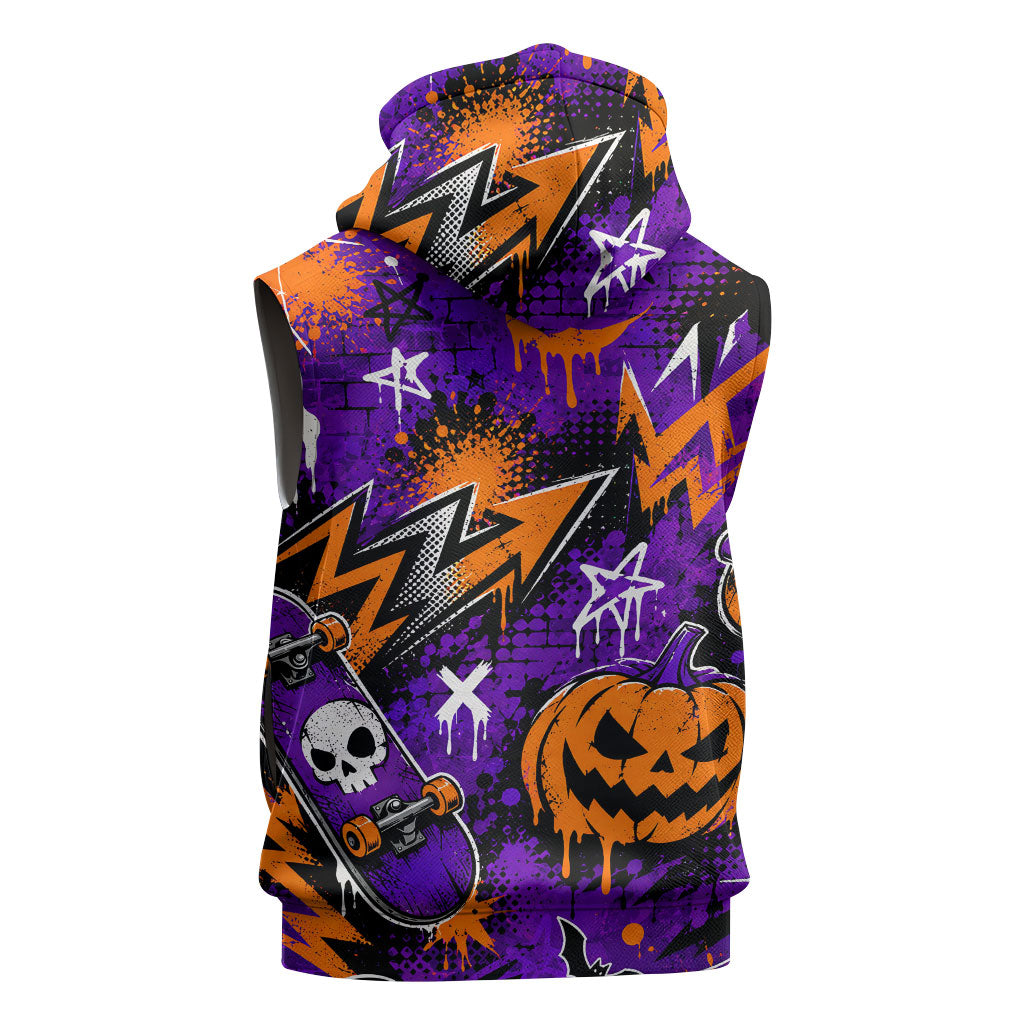 Halloween Skeleton Skateboarder Sleeveless Hoodie Graffiti Ghost Pumpkin Streetwear Graphic