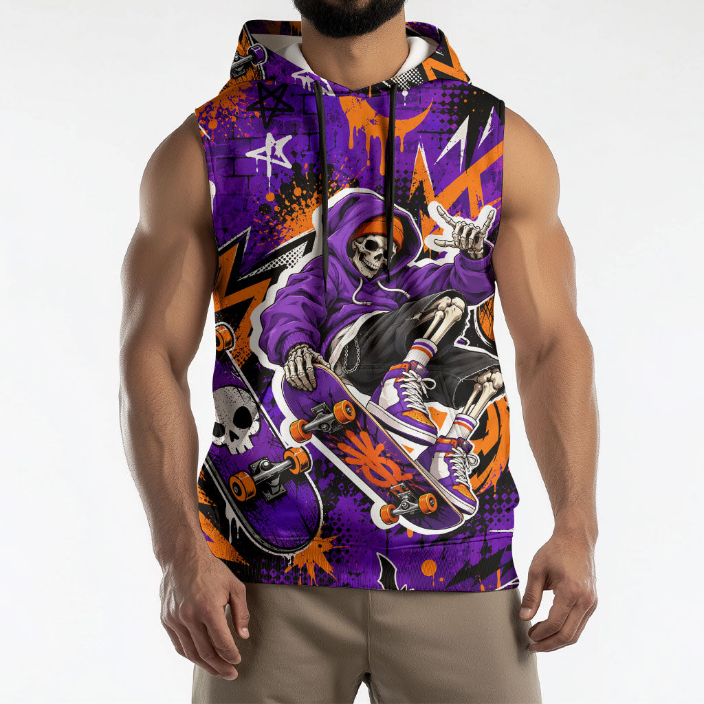 Halloween Skeleton Skateboarder Sleeveless Hoodie Graffiti Ghost Pumpkin Streetwear Graphic