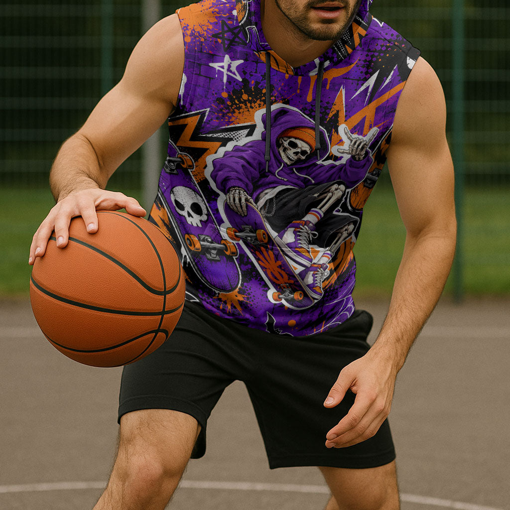 Halloween Skeleton Skateboarder Sleeveless Hoodie Graffiti Ghost Pumpkin Streetwear Graphic