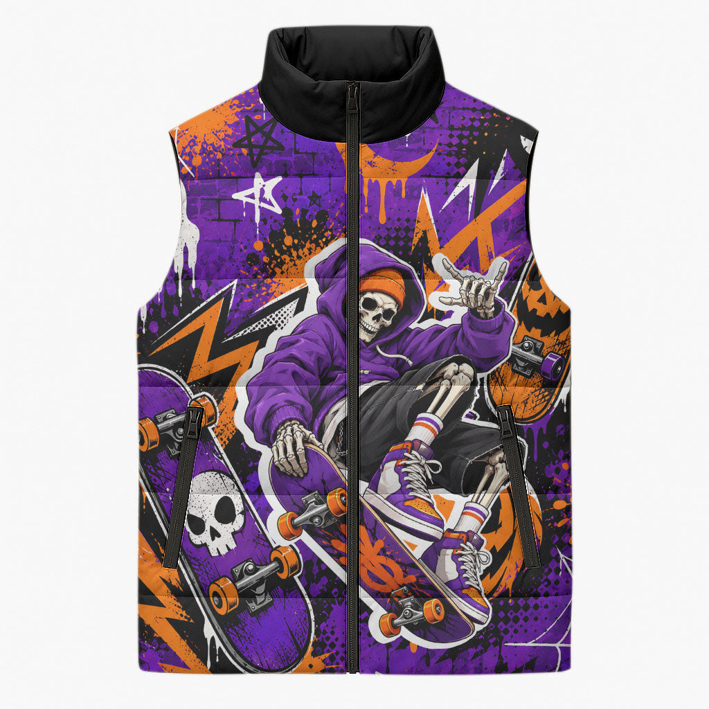 Halloween Skeleton Skateboarder Sleeveless Puffer Jacket Graffiti Ghost Pumpkin Streetwear Graphic