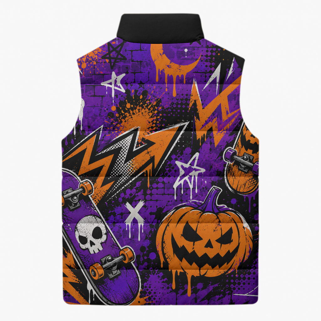 Halloween Skeleton Skateboarder Sleeveless Puffer Jacket Graffiti Ghost Pumpkin Streetwear Graphic