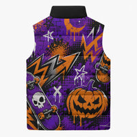 Halloween Skeleton Skateboarder Sleeveless Puffer Jacket Graffiti Ghost Pumpkin Streetwear Graphic