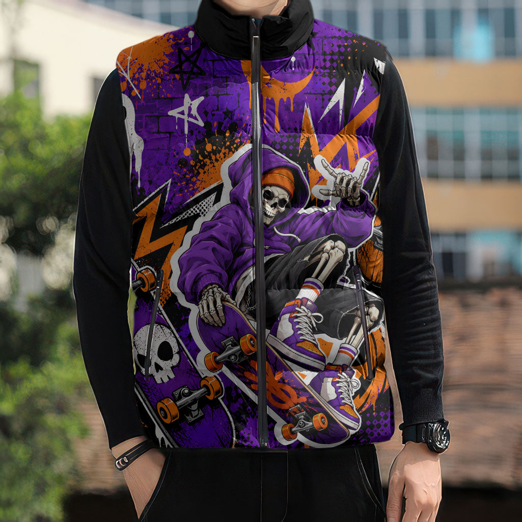 Halloween Skeleton Skateboarder Sleeveless Puffer Jacket Graffiti Ghost Pumpkin Streetwear Graphic
