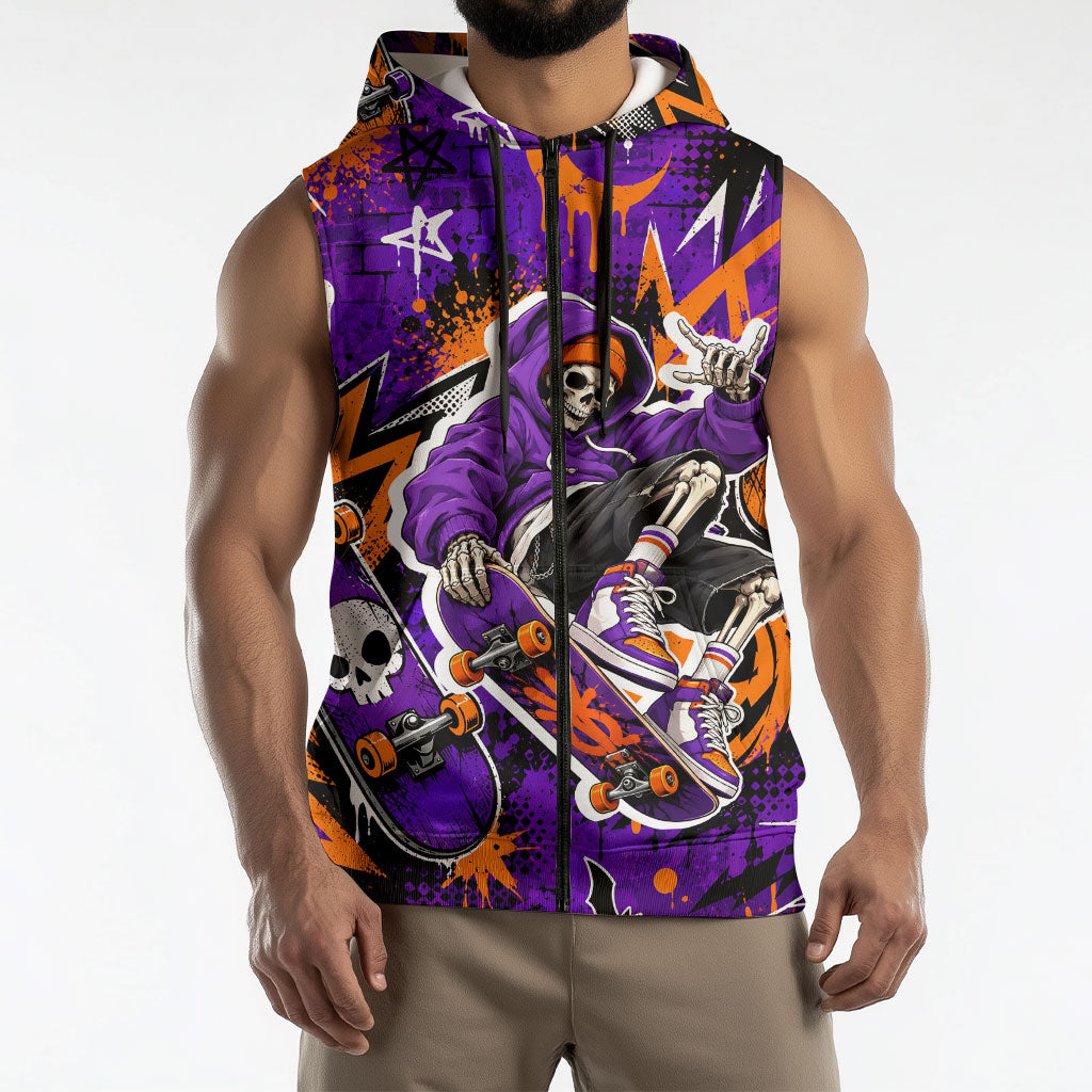 Halloween Skeleton Skateboarder Sleeveless Zip Hoodie Graffiti Ghost Pumpkin Streetwear Graphic