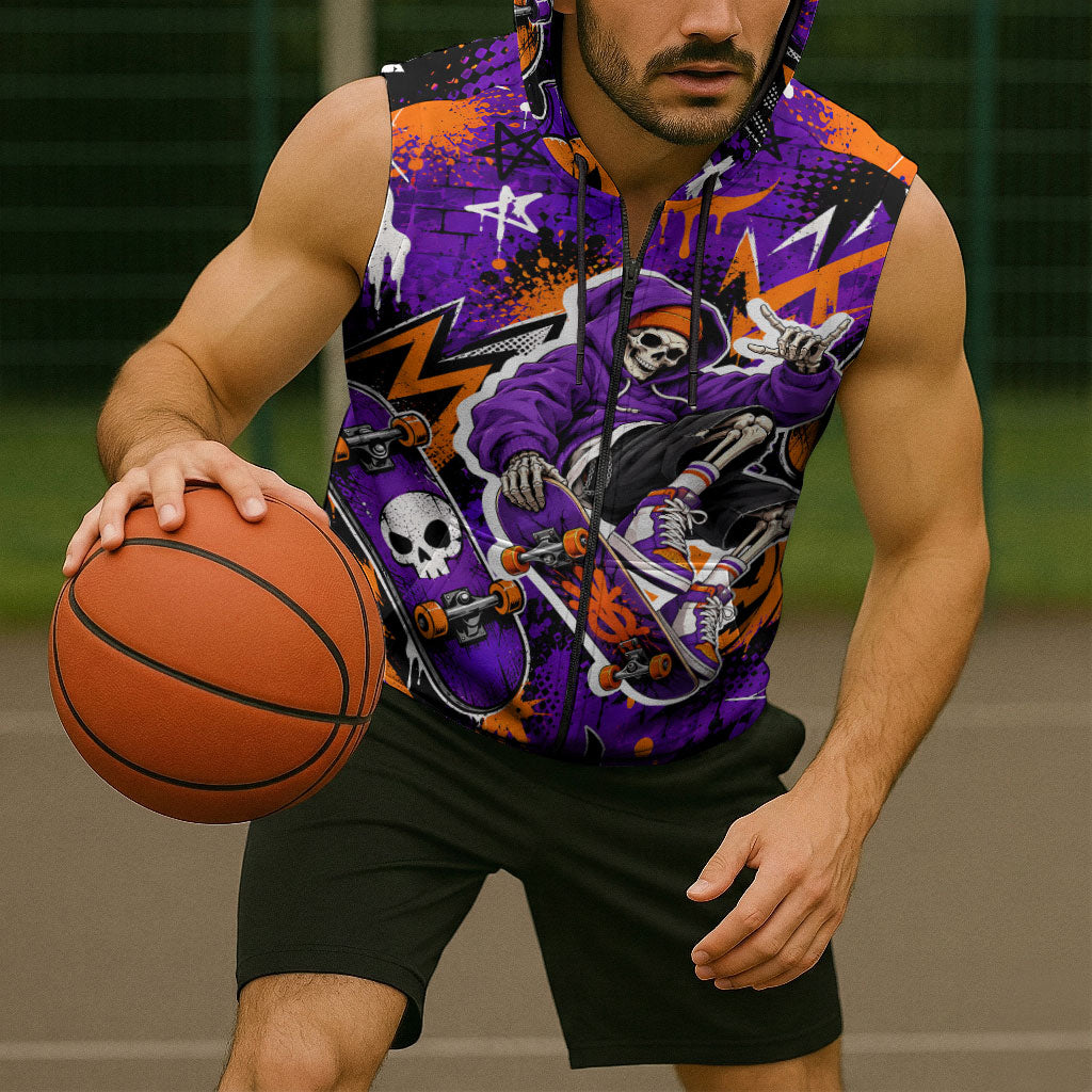 Halloween Skeleton Skateboarder Sleeveless Zip Hoodie Graffiti Ghost Pumpkin Streetwear Graphic